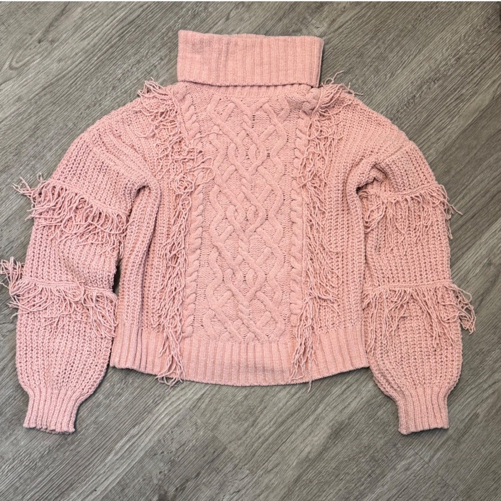 Almost Famous Pink Chenille Fringe Cable Knit Turtleneck Sweater RAE4813 Women M